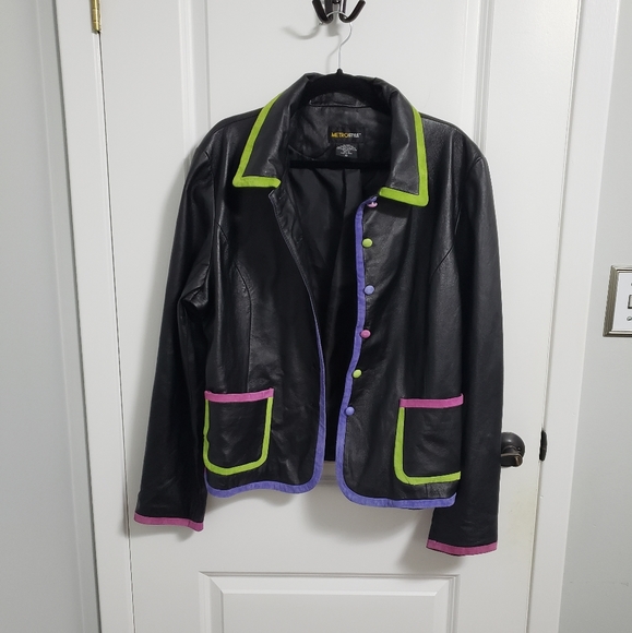 METROSTYLE Leather Jacket with Colorful Trim and Buttons - Picture 3 of 9